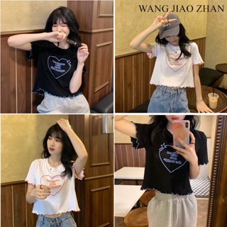 WANG JIAO ZHAN เสื้อยืดแขนสั้นพิมพ์เกาหลีสั้น