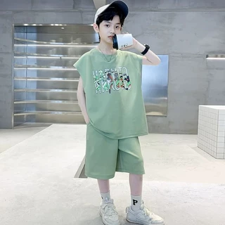 ones.th🍄เด็กชุดแขนกุด 2025 ฤดูร้อนใหม่เด็กใหญ่เสื้อกั๊กกางเกงขาสั้นกีฬาชุด 2 ชิ้นทอดถนน