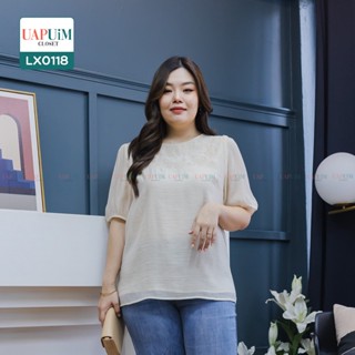 (LX0118)เสื้อแขนสั้นสาวอวบเสื้อคอกลม แขนสั้น ติดกระดุมปลายแขน 1 เม็ด มีกระดุมคอด้านหลัง 1 เม็ด