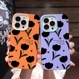 3 in 1 เคสโทรศัพท์มือถือ ซิลิโคน ลายดอกทิวลิป สีดํา สําหรับ iPhone 14Promax 13 12 11 7Plus X XR