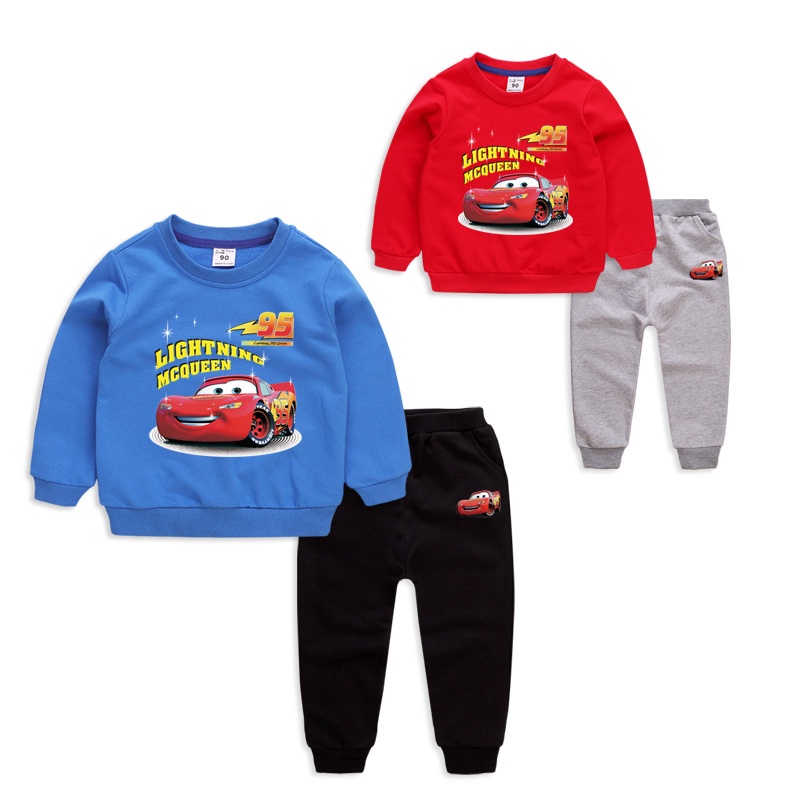 **ใหม่ ชุด** 8 Colors Kids Long Sleeve Cotton  lightning mcqueen Cartoon Sweater+ Pants Set(Wholesale Available)