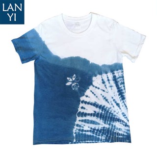 shein thailand เสื้อยืดย้อมสีฟ้าผ้าฝ้ายแท้ฤดูร้อน2023ยูนนานต้าหลี่ไป๋มือมัดย้อมพืช Banlangen หญ้าย้อมแขนสั้น