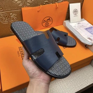 [EUR Size] Hermes รองเท้าแตะหนังวัว กันลื่น แนวสตรีท เหมาะกับฤดูร้อน สําหรับผู้ชาย