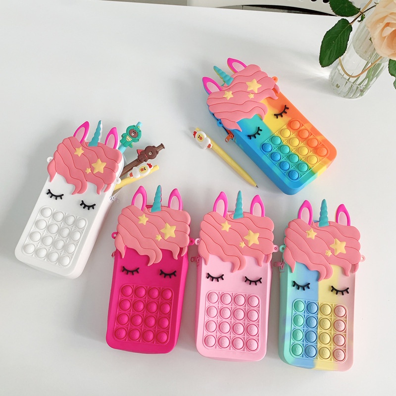 2 in 1 Unicorn Pop It Pencil Case For Girl Push Bubble Fidget Toys Soft Silicone Squishy Boy Creative Stationery Toy Gif