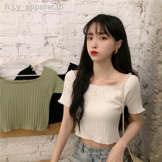 ใหม่ เสื้อกันหนาว คอสี่เหลี่ยม แขนสั้น ผ้าถัก ทรงสลิม สไตล์เกาหลี สําหรับผู้หญิง
