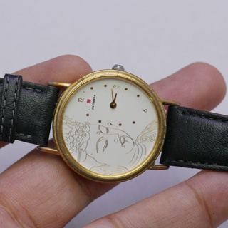 นาฬิกา Vintage มือสองญี่ปุ่น Pocket Watch นาฬิกาพกJin TakedaระบบQUARTZทรงกลม กรอบทอง หน้าปัดตัวกวนอิม หน้าปัด 33มม