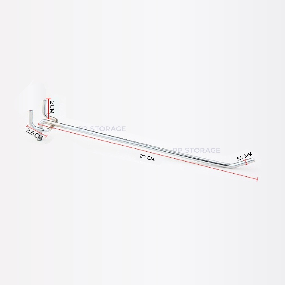 ฮุคแขวนลวดตรง ขาเกี่ยวคู่ ยาว 2.5*20 ซม. หนา5.5mm. ใช้ได้กับบอร์ดแขวนหรือรูที่ห่างกัน2.5เซน