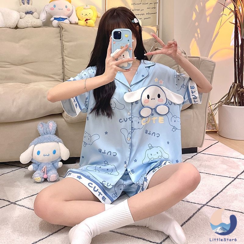 ชุดนอน ผ้าซาติน ชุดนอนเสื้อแขนสั้น+กางเกงขาสั้น My Melody แมวน้อยลินนาเบล Linnabell หมีเชลลีเมย์ Shelliemay Comfortable pajamas【LittleStar6】