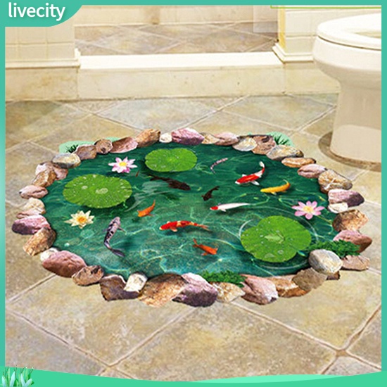{livecity} สติกเกอร์ตกแต่งบ้าน แบบกันน้ำ รูปทรงดอกบัวและปลา 3 มิติ