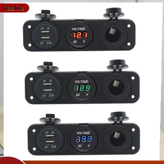 (freelive) Car Boat Dual USB Charger + LED Voltmeter + Power Outlet Socket 3 Holes Panel