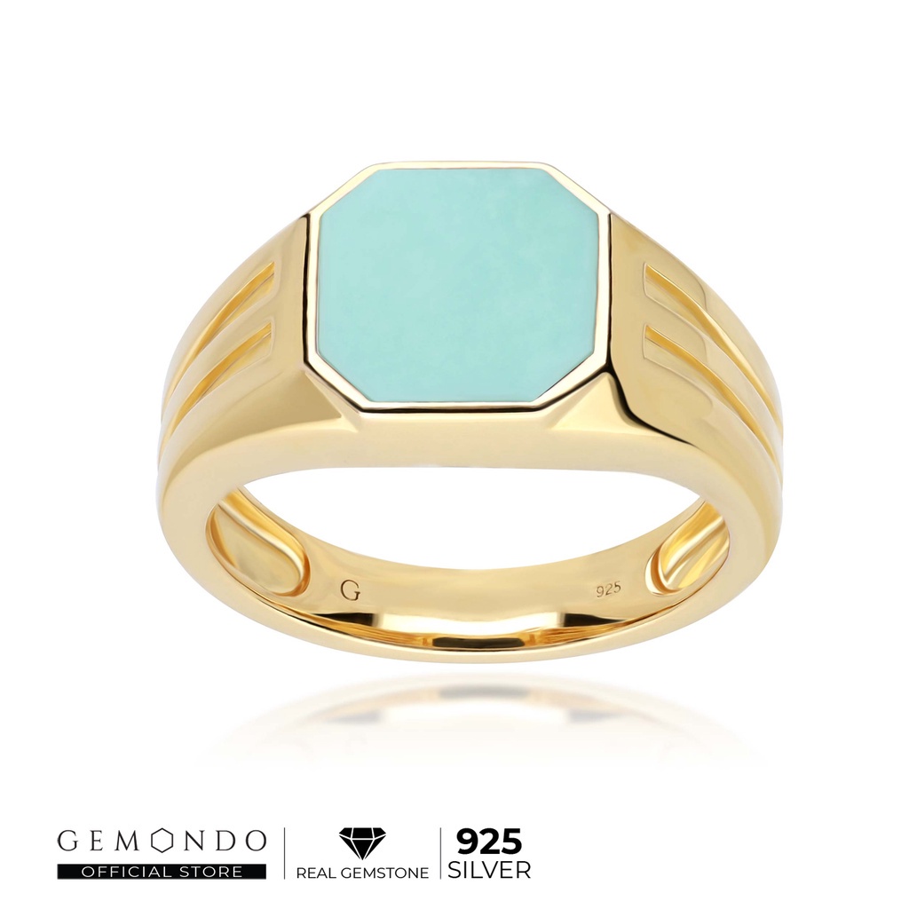 Gemondo แหวนผู้ชายเงินแท้ 925 ชุบทอง 18K ประดับเทอร์ควอยซ์ (Turquoise) ทรงแปดเหลี่ยมหน้าเรียบ