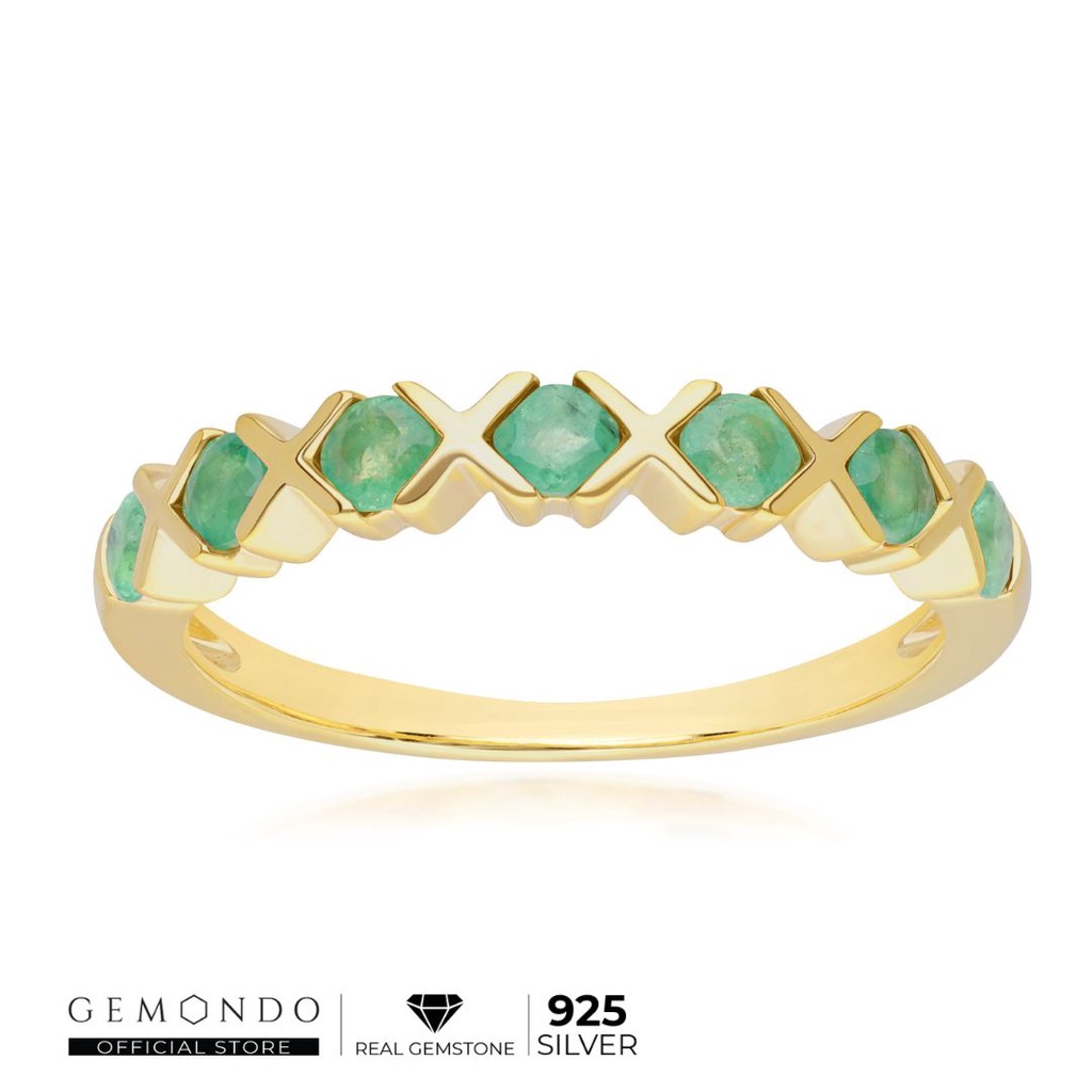 Gemondo แหวนเงินแท้ 925 ชุบทองคำ 18K ประดับมรกต (Emerald) ดีไซน์แหวนกากบาท