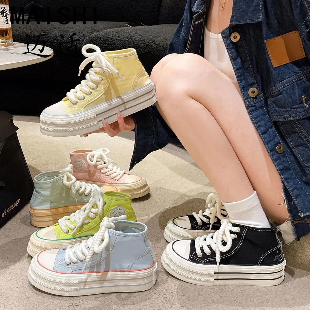 [พร้อมส่ง] รองเท้าผ้าใบลําลอง ส้นหนา สีขาว สําหรับสตรี