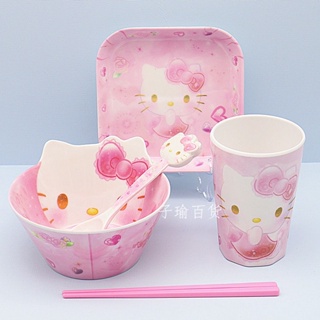 ✈♟การ์ตูน KT Hello Kitty ชุดจานชามเมลามีนสำหรับเด็ก Baby Shape Bowl Pupil Anti-fall น่ารัก Bowl Spoon Cup Plate