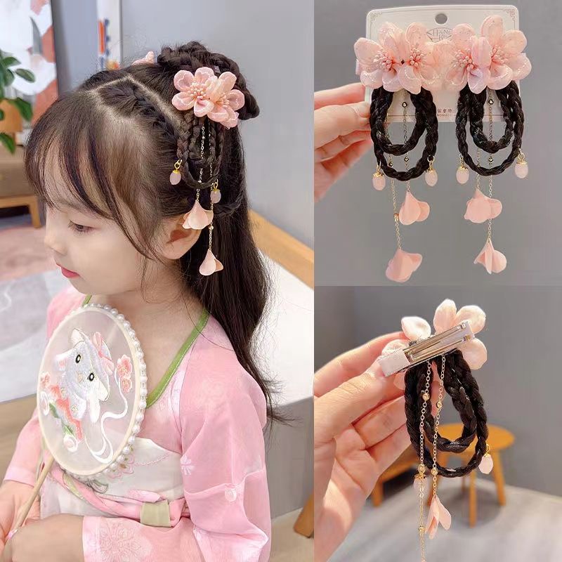 Hanfu เครื่องประดับผมเด็ก โบราณ เครื่องแต่งกาย ซุปเปอร์แฟรี่ สไตล์ใหม่ วิกผมถักเปีย คู่ คลิป สไตล์จีน เด็กผู้หญิง กิ๊บติดผม สไตล์โบราณ หัวดอกไม้ พู่ 08019