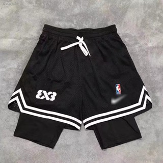 ♣กางเกงบาส  3x3 American men s double-layer but knee running fitness fake two-piece with three-point line