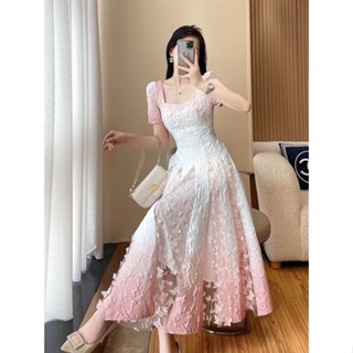 ✆FT GUOGE Advanced French Square Neck Gradient Dress Feminine Lady Lace Tall Skirt Super Fairy