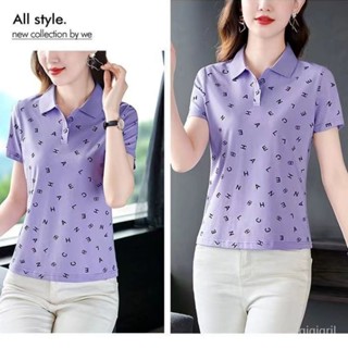 เสื้อยืดแขนสั้นผู้หญิง ครอป ผ้านิ่ม2023รุ่นใหม่ สไตล์ตะวันตกเข้ารูป ปกพับดูผอมเพรียวpoloฤดูร้อน พิมพ์ลายแบบหลวม