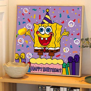 ภาพวาดสีน้ํามันดิจิทัล รูปการ์ตูนอนิเมะ Happy Birthday Sponge Baby DIY สําหรับตกแต่งบ้าน