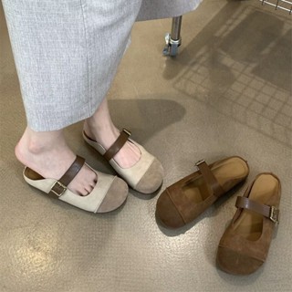 ⊕✻▪Birkenstock หนังย้อนยุคฝรั่งเศส Baotou กึ่งรองเท้าแตะแจ๊กเก็ตผู้หญิง 2023 ใหม่รองเท้าแมรี่เจนพื้นนุ่ม