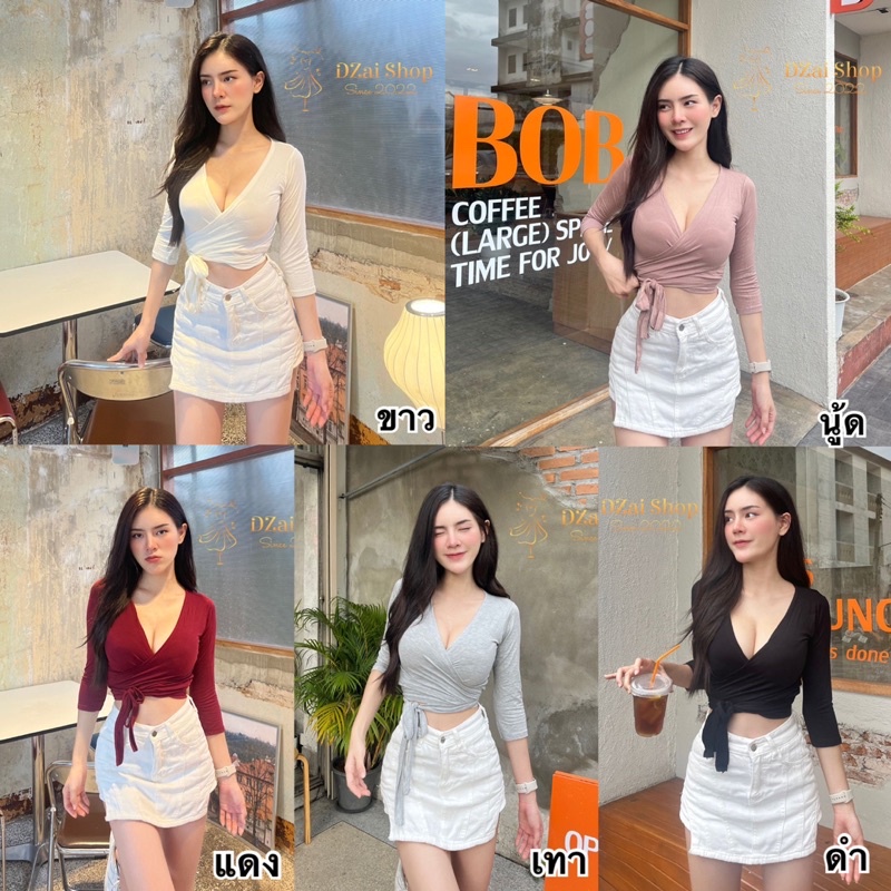 Dzaishop เสื้อทรงครอปท็อป งานผ้าเรย่อน รุ่นนี้ดีเทลผูกช่วงเอวแซ่บๆ ไม่ตำคือพลาดมาก