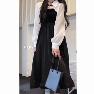 พร้อมส่ง✨ชุดสูทลายตารางสไตล์เกาหลีน่ารักและทันสมัย ​​เสื้อแขนยาวสีขาว + กระโปรงทรงเอสีดำ เอวเพรียว