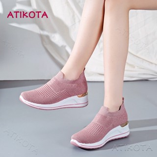 Atikota รองเท้าสลิปออนลําลอง พื้นหนา ระบายอากาศ เพิ่มความสูง แฟชั่นสําหรับผู้หญิง 2023