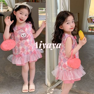 Aiyaya ชุดเดรสกระโปรง ผ้าตาข่าย แต่งลูกไม้ ลายแมวแมรี่น่ารัก สีชมพู สําหรับเด็กผู้หญิง 0188 2023