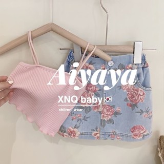 Aiyaya 2023 ชุดเสื้อผ้าเด็กผู้หญิง 2 ชิ้น : เสื้อกล้าม + กระโปรงยีน สไตล์หวานน่ารัก (557)