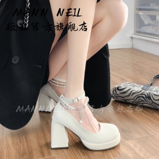 ☑Mann Neil/รองเท้าส้นสูงรองเท้าหนังผู้หญิง 2023 ใหม่สีขาวสไตล์ฝรั่งเศสย้อนยุคส้นหนาเพิ่มรองเท้าแมรี่เจน