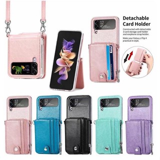 เคสโทรศัพท์มือถือหนัง มีซิป พร้อมช่องใส่บัตร และสายคล้อง สําหรับ Samsung Galaxy Z Flip4 Flip3 Flip 4 3 5G