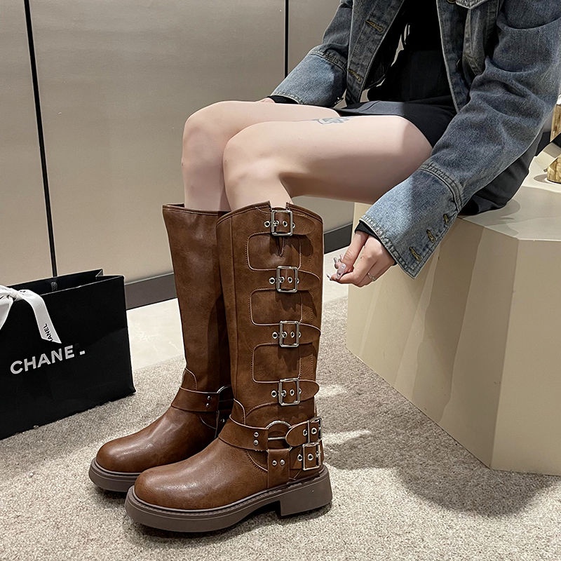 ◈Axige สไตล์เดียวกัน miu home หนังนุ่มส้นหนารองเท้าบูทผู้หญิง western รองเท้าคาวบอยหนา soled อัศวินสีน้ำตาล Martin boots