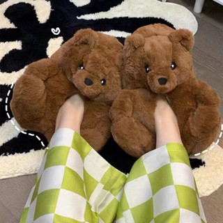 ◆❍℗Big Bear รองเท้าแตะผ้าฝ้ายการ์ตูนสัตว์รองเท้าในร่มหมีชั้น Plush หนาลื่นรวมทุกอย่างรองเท้าแตะอุ่น