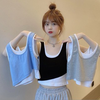 sisterfabric เสื้อกล้ามสายเดี่ยวสีตัดกันไม่สม่ำเสมอสำหรับผู้หญิงปี2022เสื้อแขนกุดใส่ด้านในแบบสปอร์ตไซส์ใหญ่พิเศษสำหรับคนอ้วน MM300