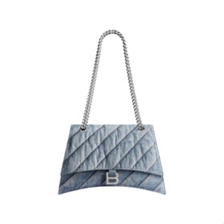 ◙▣Balenciaga/Balenciaga Crush Women s Medium Blue Faded Denim Silver Metal กระเป๋าสะพายไหล่