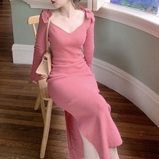 พร้อมส่ง✨แฟชั่นเกาหลีสีชมพู Retro Bowknot แสดงสีขาว Slim Body Dress คอถักกระโปรงยาว 3 สี