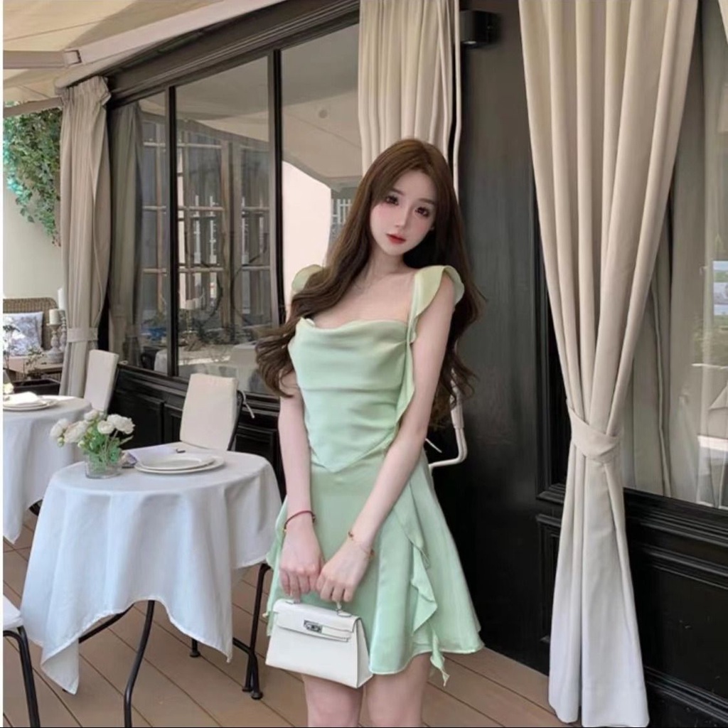 สีเขียว, ผ้าซาติน, ผ้าไหมน้ำแข็ง, ที่ไม่มีสายหนัง, ฝรั่งเศส, งานเลี้ยง, งานเทศกาล ชุดทำงาน สีทึบ บาง เซ็กซี่ เดรส