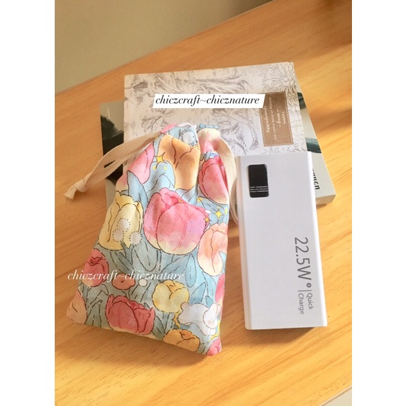 ミ chicznature กระเป๋าหูรูด ถุงผ้าหูรูด ใส่พาวเวอร์แบงค์ Power bank ซองใส่แว่นตา ถุงผ้าใส่แว่นตา มีซับใน งานแฮนด์เมด