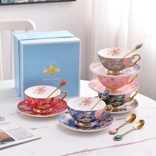 English Limberg Bone Porcelain Flower Tea Cup Little Bee Five Color Coffee Cup Single Cup Plate Gift Box 280mL