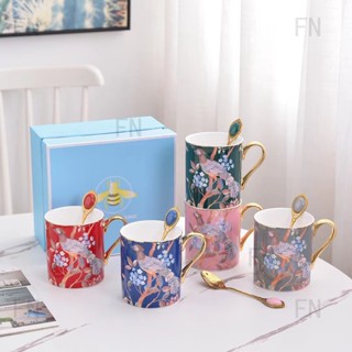 Lindbergh English Bone Porcelain Mug Peacock Figure Gold Border Ceramic Coffee Cup LINBERG Winter Garden Gift Box