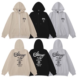 Stussy เสื้อกันหนาวมีฮู้ด ผ้าขนสัตว์ พิมพ์ลาย ทรงหลวม สําหรับผู้ชาย และผู้หญิง