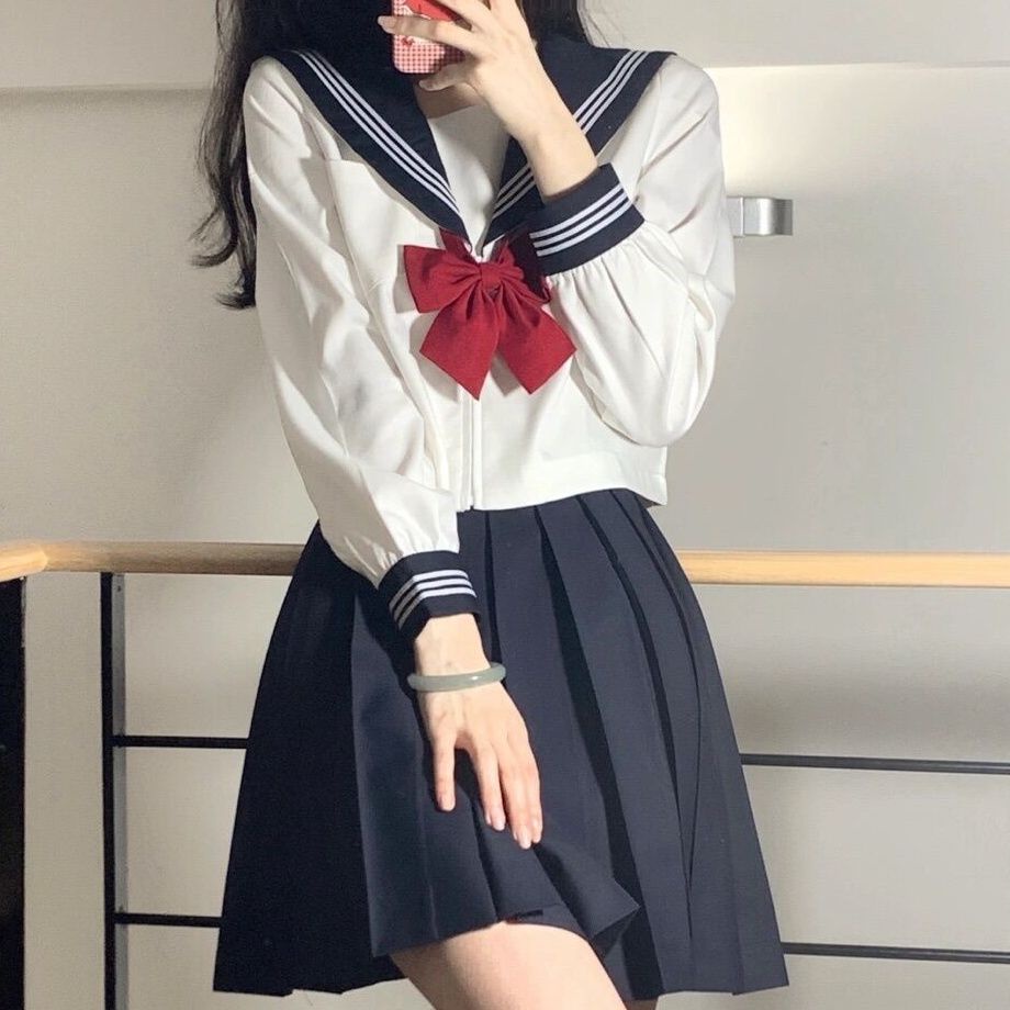 เครื่องแบบ jk แขนยาว สูท เสื้อ + ผูกโบว์ + กระโปรงจีบ หวานและน่ารัก ฤดูร้อน ชุดกะลาสี