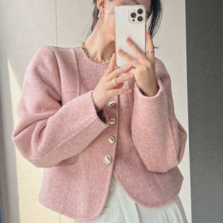เสื้อแจ็กเก็ต ผ้าขนสัตว์ คอกลม สไตล์ใหม่ สําหรับผู้หญิง