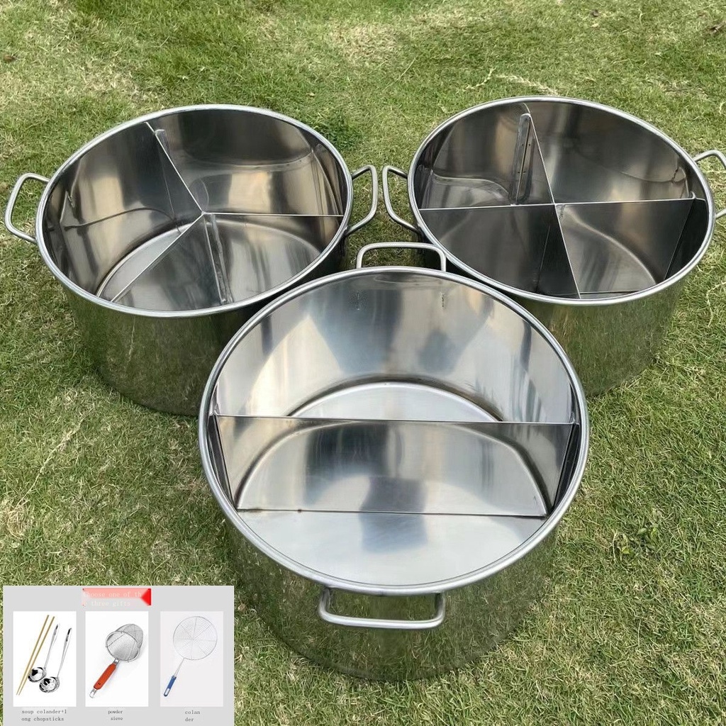 ✒۩Commercial หนาสแตนเลสถังซุปถังกลมพร้อมฝาปิดแยกหม้อเป็ดแมนดารินความจุขนาดใหญ่พิเศษทำอาหารก๋วยเตี๋ยวถังถังน้ำเกลือเผ็ดร้