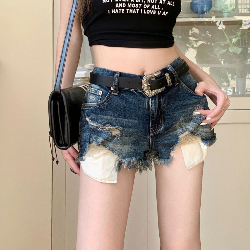 เตรียมจัดส่ง ใหม่อเมริกันวินเทจออกแบบฤดูร้อนสบายระบายอากาศผ้าพรีเมี่ยมฉีกขอบดิบขากว้างกางเกงยีนส์ขาสั้น