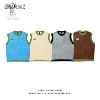 ทิพย์ เสื้อกักไหมพรม เสื้อกั๊กไหมพรมเกาหลี ♗﹍GURUI Retro สี Contrast เย็บรอบคอเสื้อกันหนาวผู้ชายและผู้หญิงอินเทรนด์หลวม