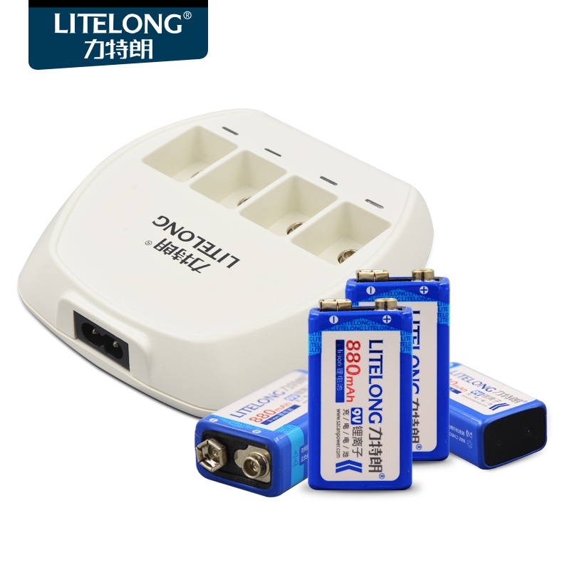 LITELONG ชุดชาร์จแบตเตอรี่ลิเธียม9V,แบตเตอรี่อัจฉริยะ9V เครื่องชาร์จเร็ว4ชิ้น880Mah 9V แบตเตอรี่แบบช