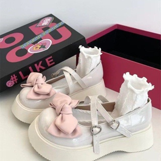 ❀♚☂รอบToeน่ารักbowknot Mary Janeรองเท้าหนังผู้หญิง 2023 ฤดูร้อนLolitaหนาด้านล่างเพิ่มJKรองเท้า