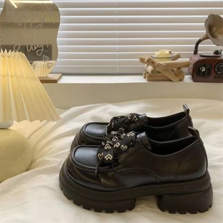 ❁♕YPXW สีดำ Oxford รองเท้ารองเท้าผู้หญิง 2023 ใหม่ LACE-up Retro Mary Jane รองเท้าหนังขนาดเล็ก loafers รองเท้าเดี่ยวอินเ