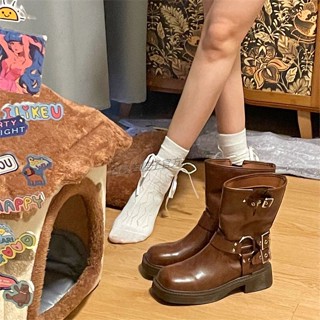 ㍿✆ระเบิดสุทธิสีแดงSuper Hotสีน้ำตาลหนาSoled Martin Bootsผู้หญิง 2023 ฤดูร้อนใหม่สไตล์อังกฤษRetro Westernคาวบอยบู๊ทส์